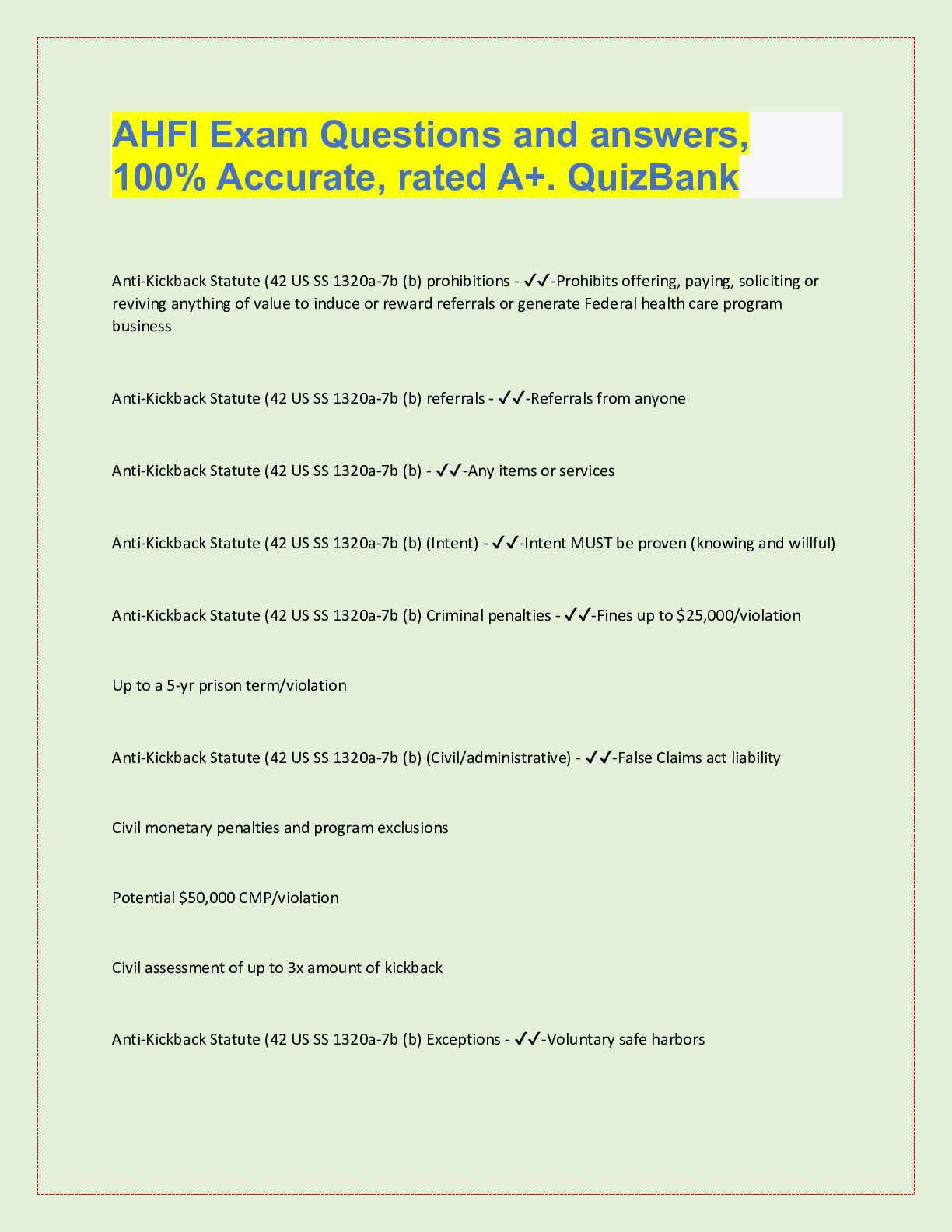 Preview image for AHFI Exam Questions and answers,  100% Accurate, rated A+. QuizBank